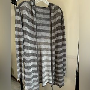 Eileen Fisher Hooded Sweater Cardigan Stripe SP 100% Organic Linen  Knit Top